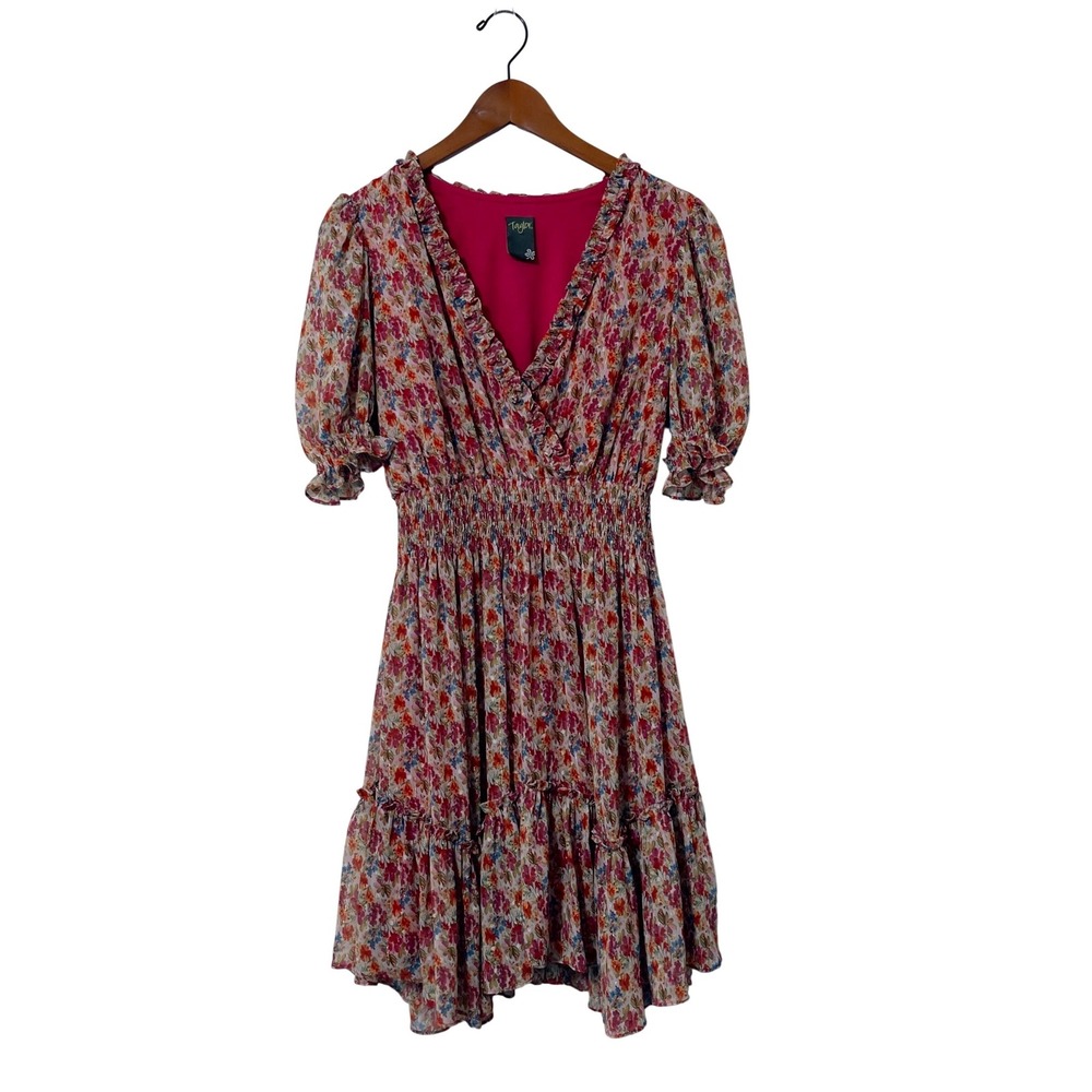 Taylor Floral Chiffon Smocked Waist Ruffle Mini Dress Pink Boho Cottageore